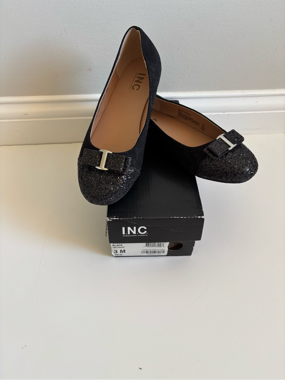 INC International Concepts Black Glitter Bow Flats with Silver Buckle
